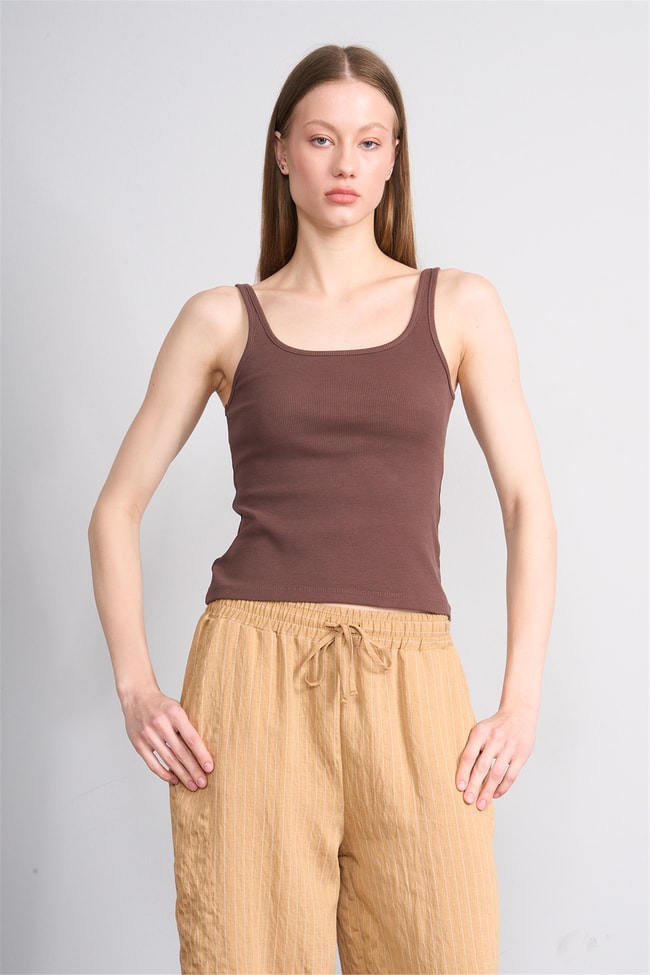 Lefon Y26 071693-K Kahve Kadın Acık Yaka Kaşkorse Crop ( Askılı Crop Atlet)