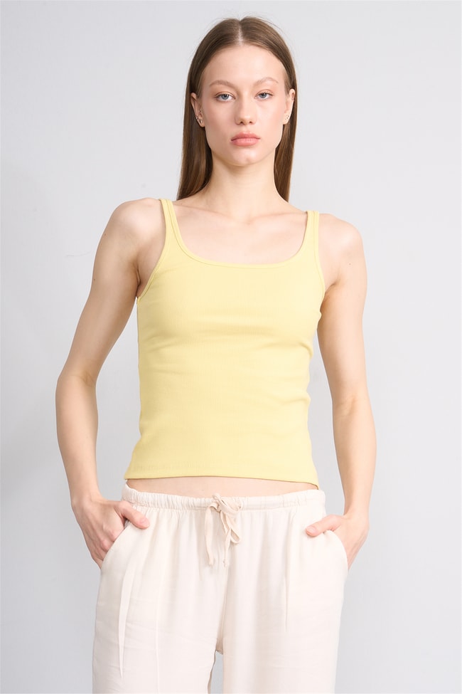 Lefon Y26 071693-K Sarı Kadın Acık Yaka Kaşkorse Crop ( Askılı Crop Atlet)