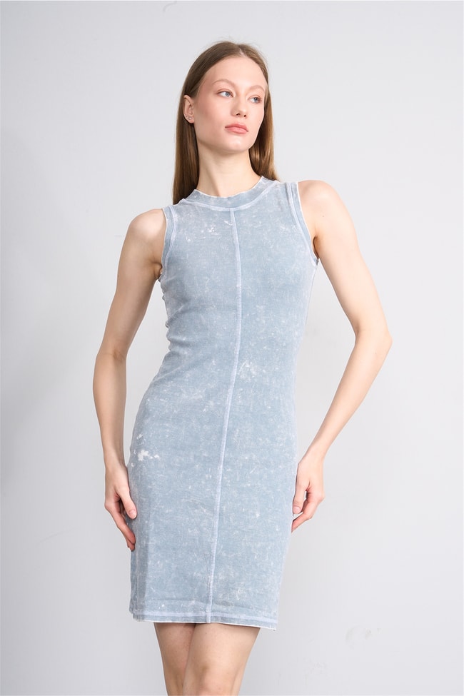 Lefon Y26 111287-K Bebe Mavi Kadın Dikiş Detaylı Kolsuz Kısa Orme Kaşkorse Elbise