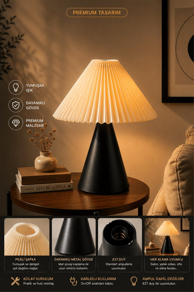 Lumexx Mantar Siyah Pileli Krem Başlıklı Masa Lambası 9094-3