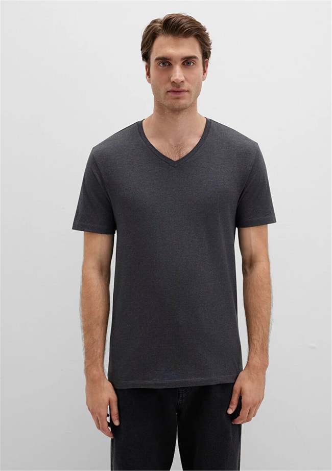 Mavi 061748-24398 Erkek V Yaka Koyu Gri Melanj T-Shirt