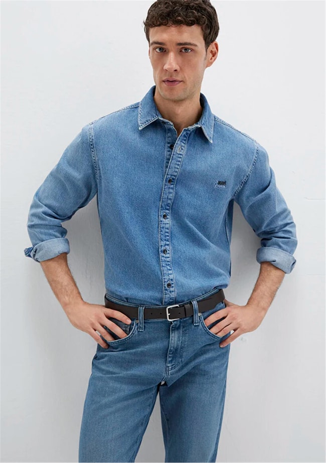 Mavı M0210496-87937 Roy Vıntage Blue Lux Black Erkek Dar Kesım Denım Gomlek