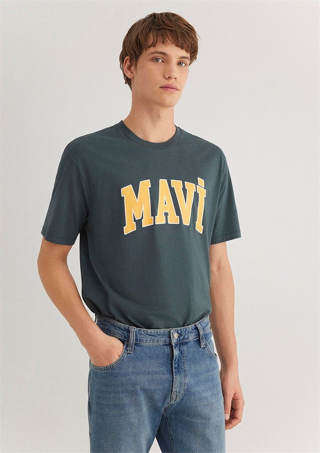Mavı M0611711-71598 Yosun Yesılı Erkek Loose Mavı Logo Baskılı T-Shırt