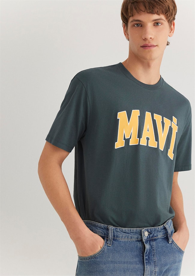 Mavı M0611711-71598 Yosun Yesılı Erkek Loose Mavı Logo Baskılı T-Shırt