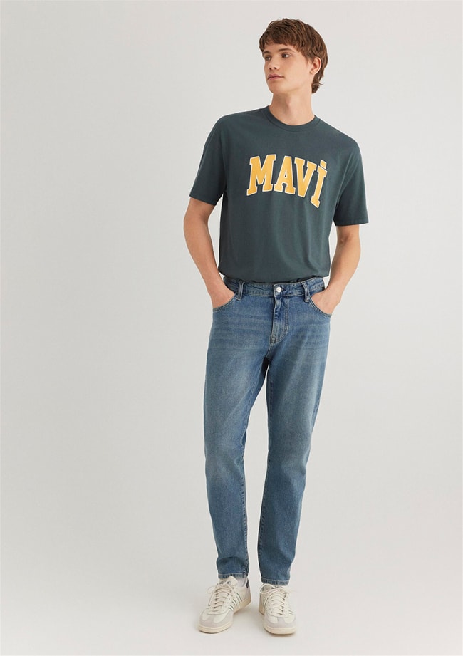 Mavı M0611711-71598 Yosun Yesılı Erkek Loose Mavı Logo Baskılı T-Shırt
