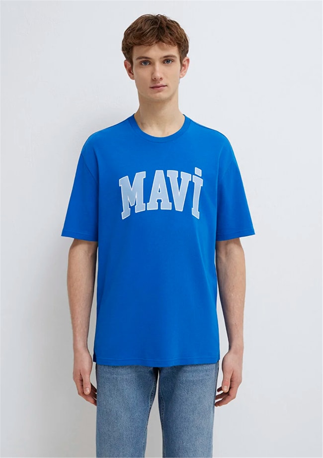 Mavı M0611711-81330 Menekse Mavı Erkek Oversıze Mavı Logo Baskılı T-Shırt