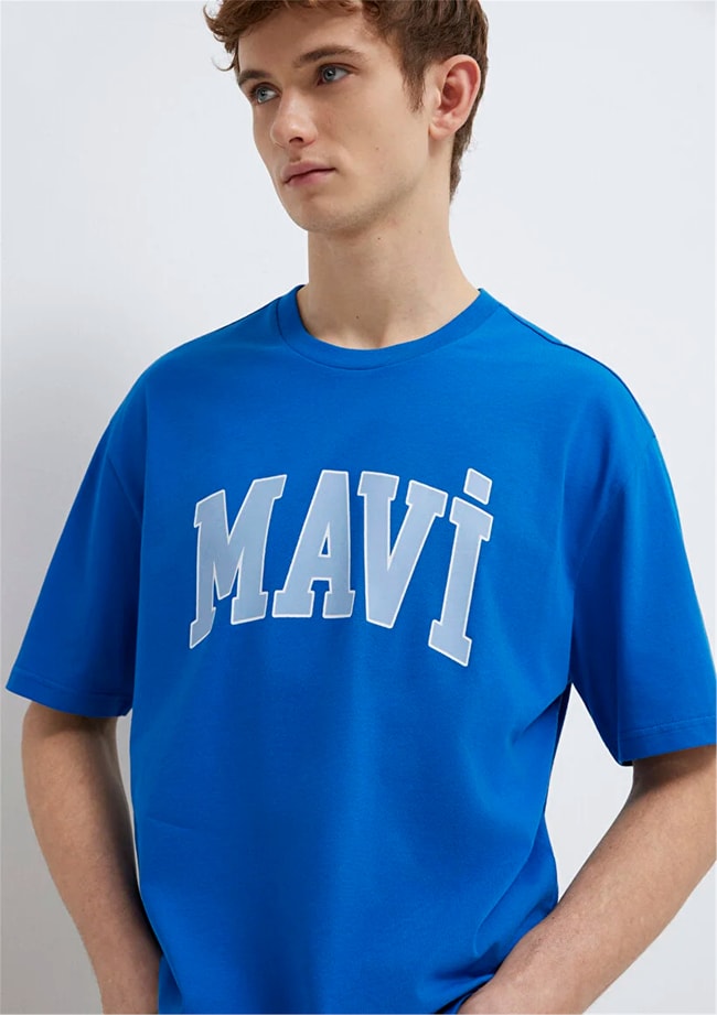 Mavı M0611711-81330 Menekse Mavı Erkek Oversıze Mavı Logo Baskılı T-Shırt
