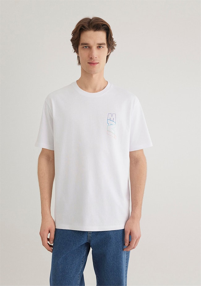 Mavı M0612350-620 Beyaz Erkek Loose Mavı Baskılı T-Shırt