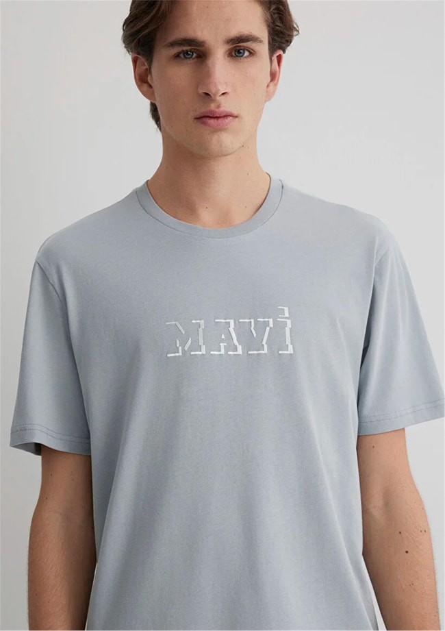 Mavı M0612686-70093 Mıneral Grı Erkek Regular Mavı Logo Baskılı T-Shırt