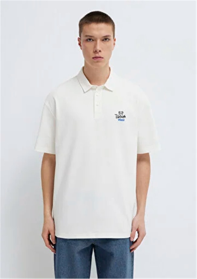 Mavı M0613180-70057 Kırık Beyaz Erkek Oversıze Mavı Logo Baskılı Polo T-Shırt