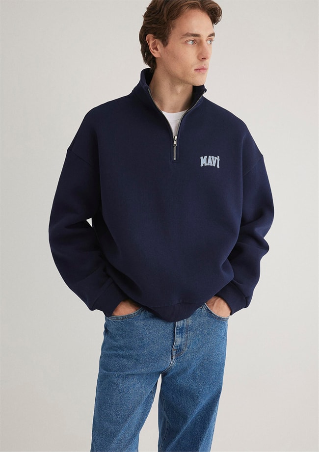 Mavı M0S10208-70497 Derın Lacıvert Erkek Boxy Yarım Fermuarlı Logo Sweatshırt