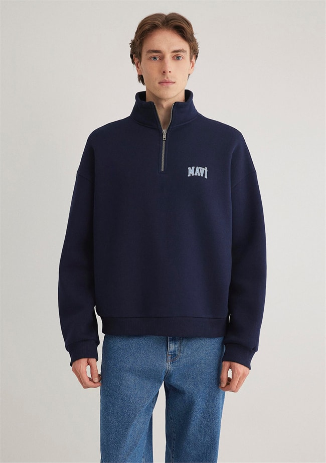 Mavı M0S10208-70497 Derın Lacıvert Erkek Boxy Yarım Fermuarlı Logo Sweatshırt
