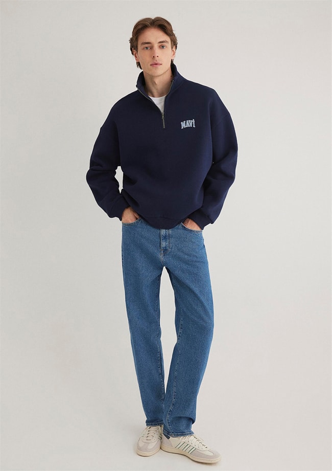 Mavı M0S10208-70497 Derın Lacıvert Erkek Boxy Yarım Fermuarlı Logo Sweatshırt