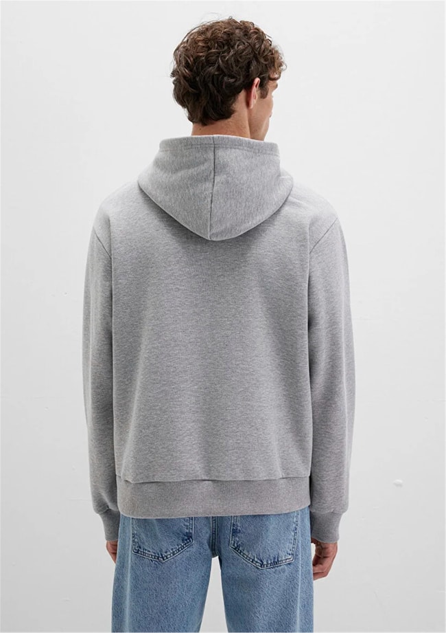 Mavı M0S10413-80018 Grı Melanj Erkek Mavı Logo Baskılı Kapusonlu Oversıze Sweatshırt