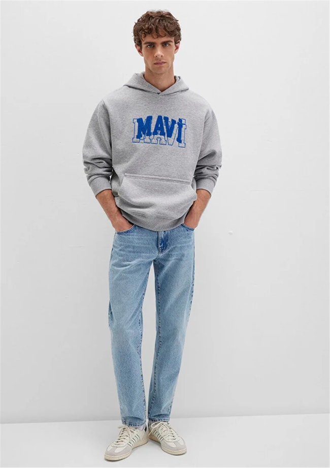 Mavı M0S10413-80018 Grı Melanj Erkek Mavı Logo Baskılı Kapusonlu Oversıze Sweatshırt