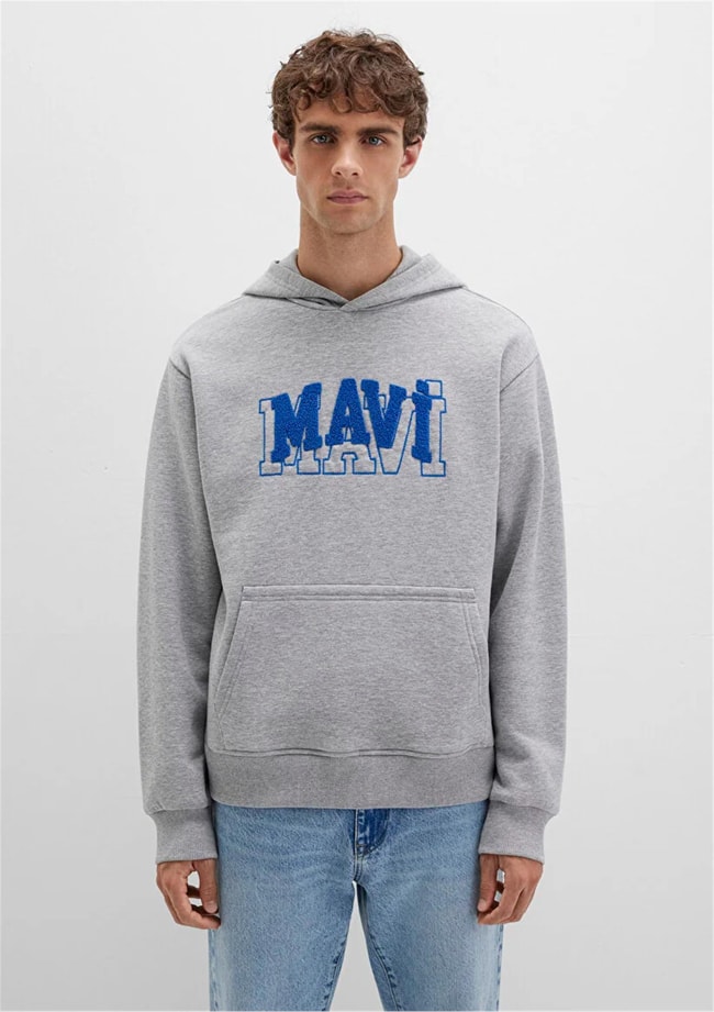 Mavı M0S10413-80018 Grı Melanj Erkek Mavı Logo Baskılı Kapusonlu Oversıze Sweatshırt