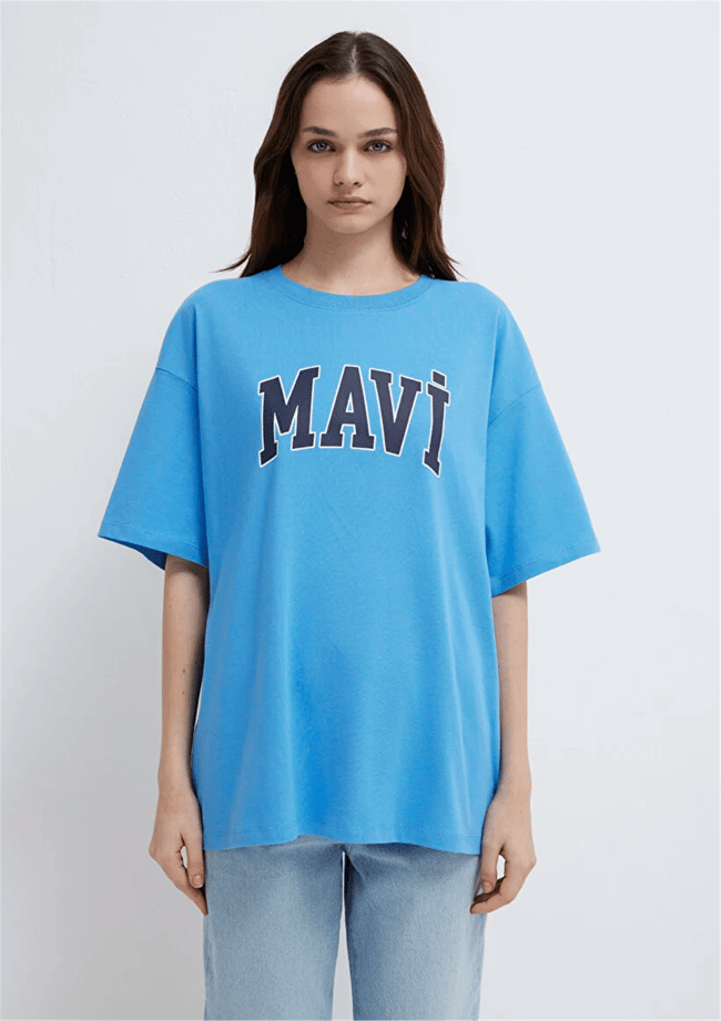 Mavi Y26 M1600843-91478 Marına Kadın Oversıze Mavi Baskılı T-shirt