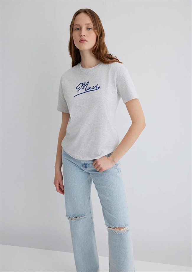 Mavi Y26 M1612421-87033 Lıght Grey Melange Kadın Regular Mavi Jeans Baskılı T-shirt
