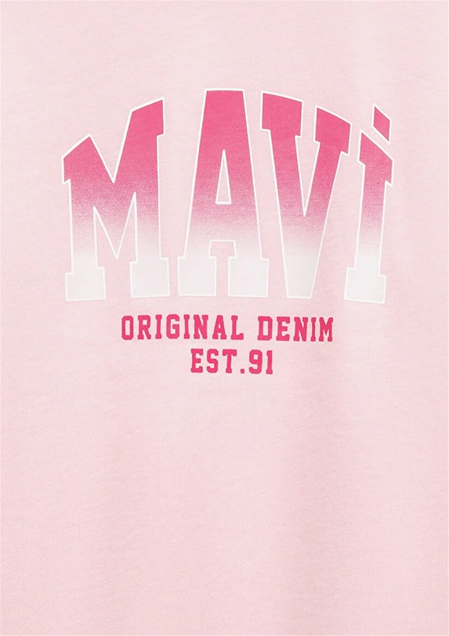 Mavı M7610386-71007 Tatlı Pembe Kız Cocuk Oversıze Mavı Jenerık Logo Baskılı T-Shırt