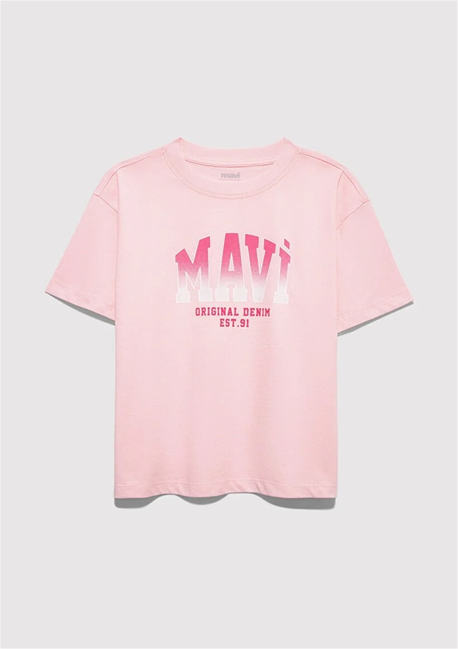 Mavı M7610386-71007 Tatlı Pembe Kız Cocuk Oversıze Mavı Jenerık Logo Baskılı T-Shırt