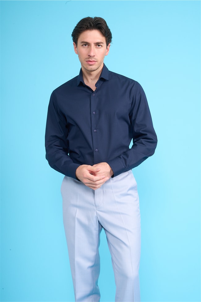Mentality 2441 Erkek Uzun Kol Slimfit 60/1 Saten Gömlek Koyu Mavi