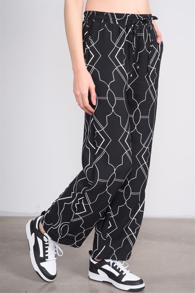 Miya Mira Modest 7080 Bayan Viskon Loose Fit Pantolon Siyah Geometrik Desen