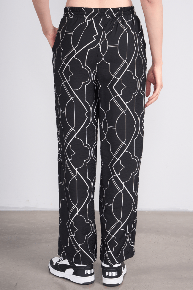 Miya Mira Modest 7080 Bayan Viskon Loose Fit Pantolon Siyah Geometrik Desen