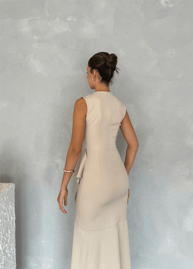 Nesil Y26 Eu3151 Bej Kadın Volanlı Asimetrik Elbise S-Xl
