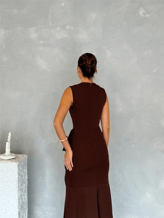Nesil Y26 Eu3151 Kahve Kadın Volanlı Asimetrik Elbise S-Xl