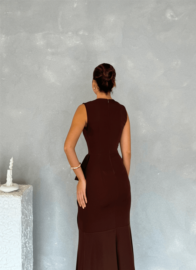 Nesil Y26 Eu3151 Kahve Kadın Volanlı Asimetrik Elbise S-Xl