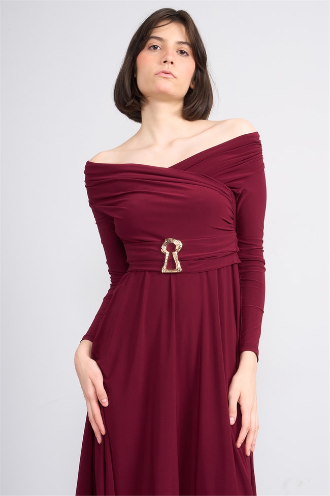 Patara Y26 26-5123 Bordo Kadın Drapeli Kruvaze Yaka Elbise S-Xl