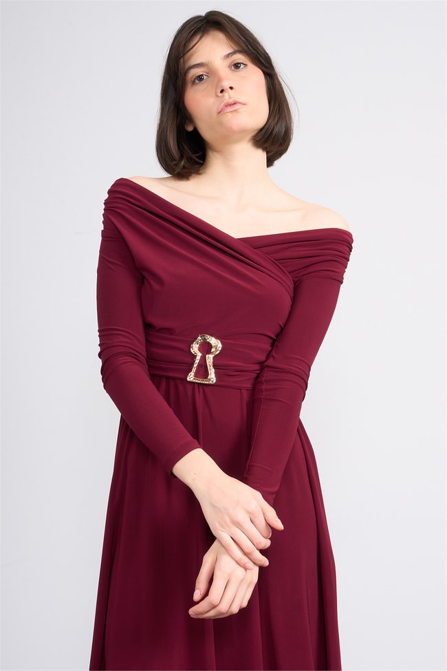 Patara Y26 26-5123 Bordo Kadın Drapeli Kruvaze Yaka Elbise S-Xl