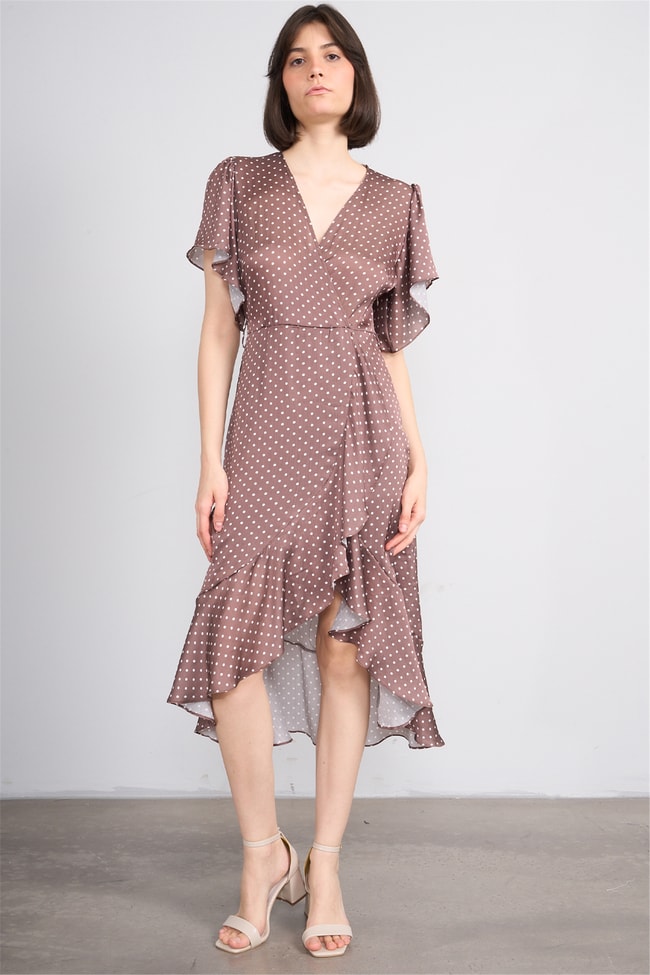 Patara Y26 26-5123 Kahve Kadın Kruvaze Volanlı Elbise S-Xl