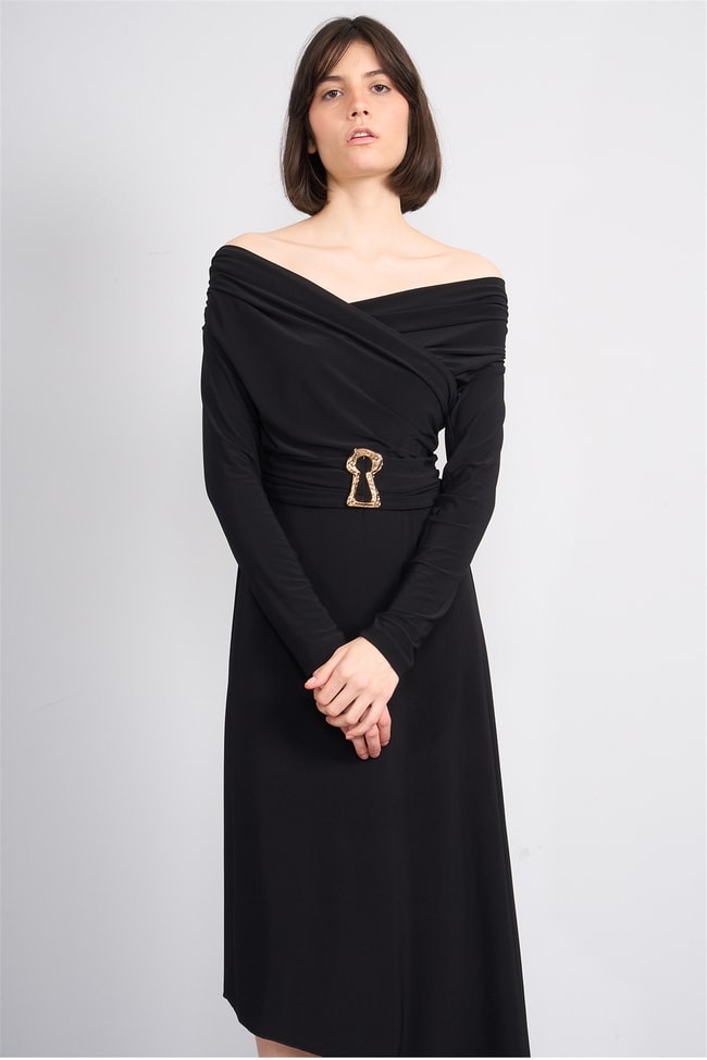 Patara Y26 26-5123 Siyah Kadın Drapeli Kruvaze Yaka Elbise S-Xl