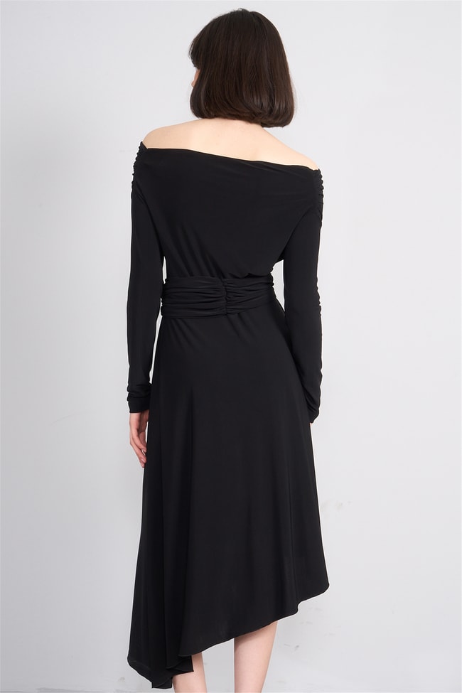 Patara Y26 26-5123 Siyah Kadın Drapeli Kruvaze Yaka Elbise S-Xl
