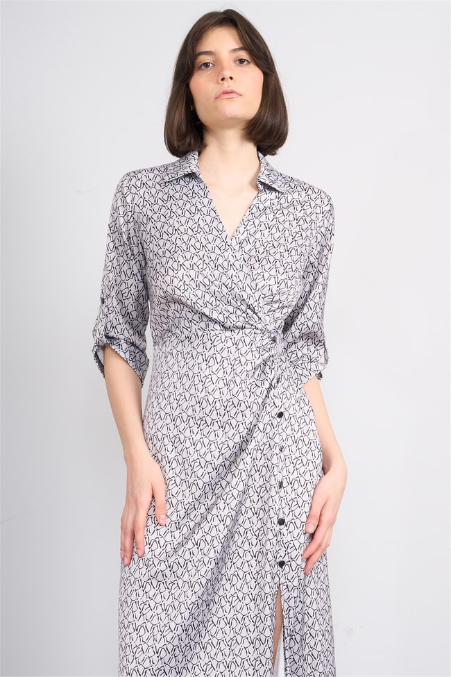 Patara Y26 26-5125 Ekru Kadın Kruvaze Yırtmaçlı Elbise S-Xxl