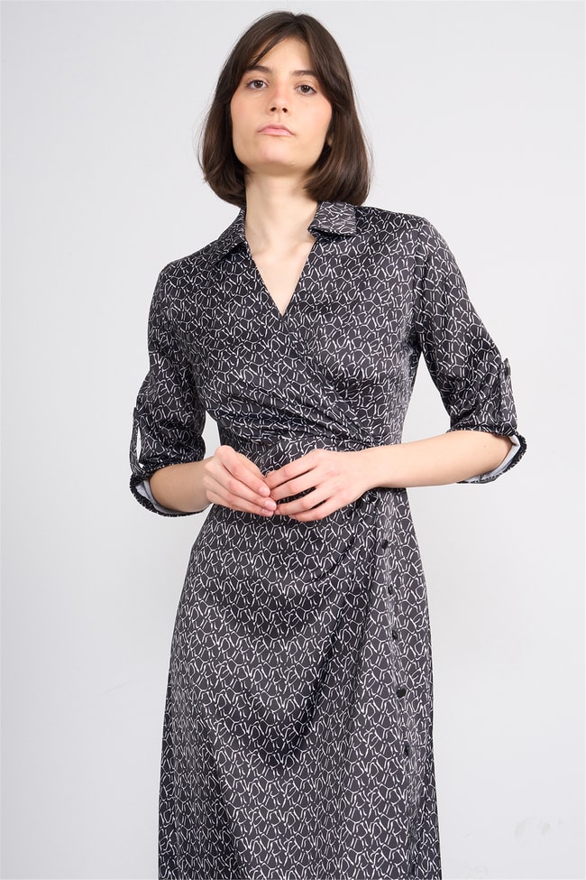 Patara Y26 26-5125 Siyah Kadın Kruvaze Yırtmaçlı Elbise S-Xxl