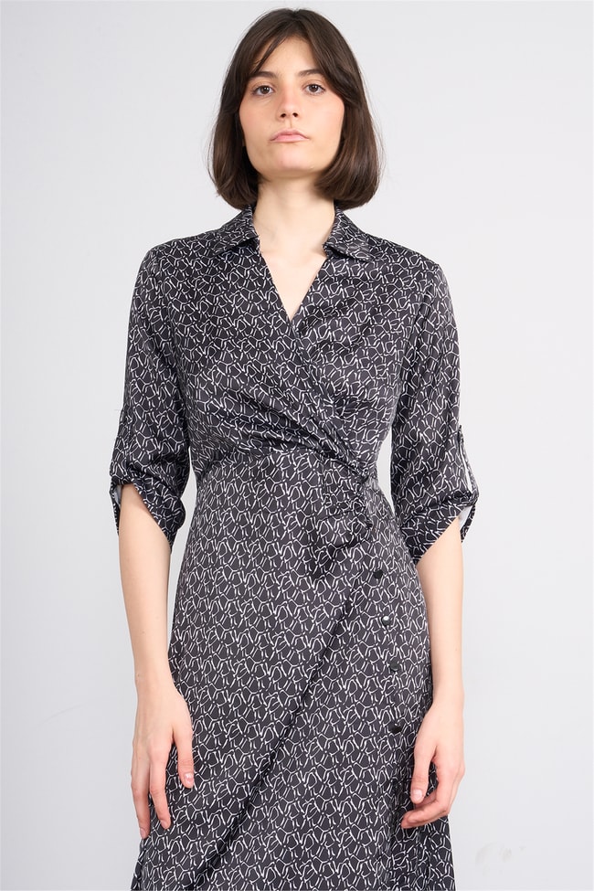 Patara Y26 26-5125 Siyah Kadın Kruvaze Yırtmaçlı Elbise S-Xxl
