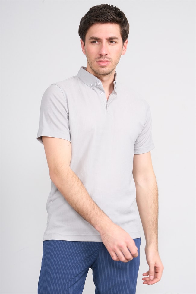 Rosso Y26 26014-P Gri Erkek Polo Yaka Jakar Tişört S-Xxl