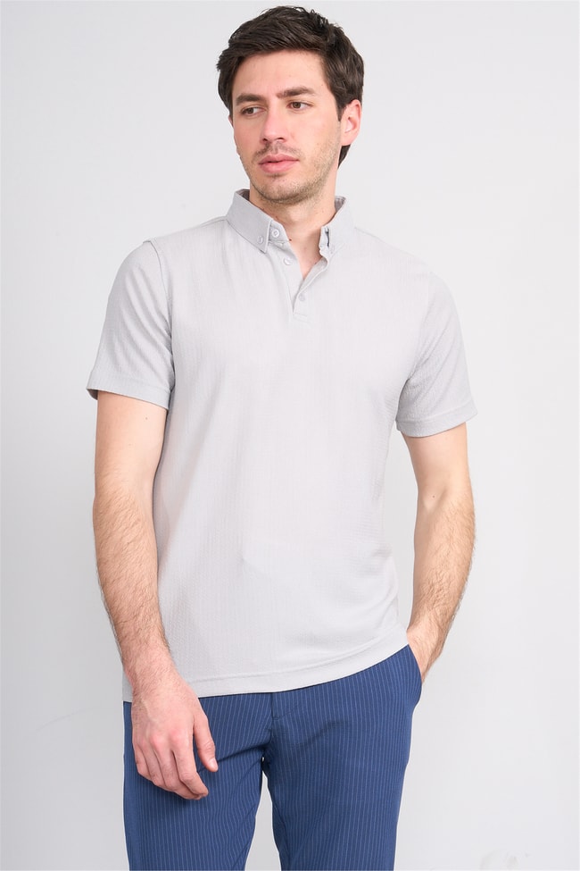 Rosso Y26 26014-P Gri Erkek Polo Yaka Jakar Tişört S-Xxl