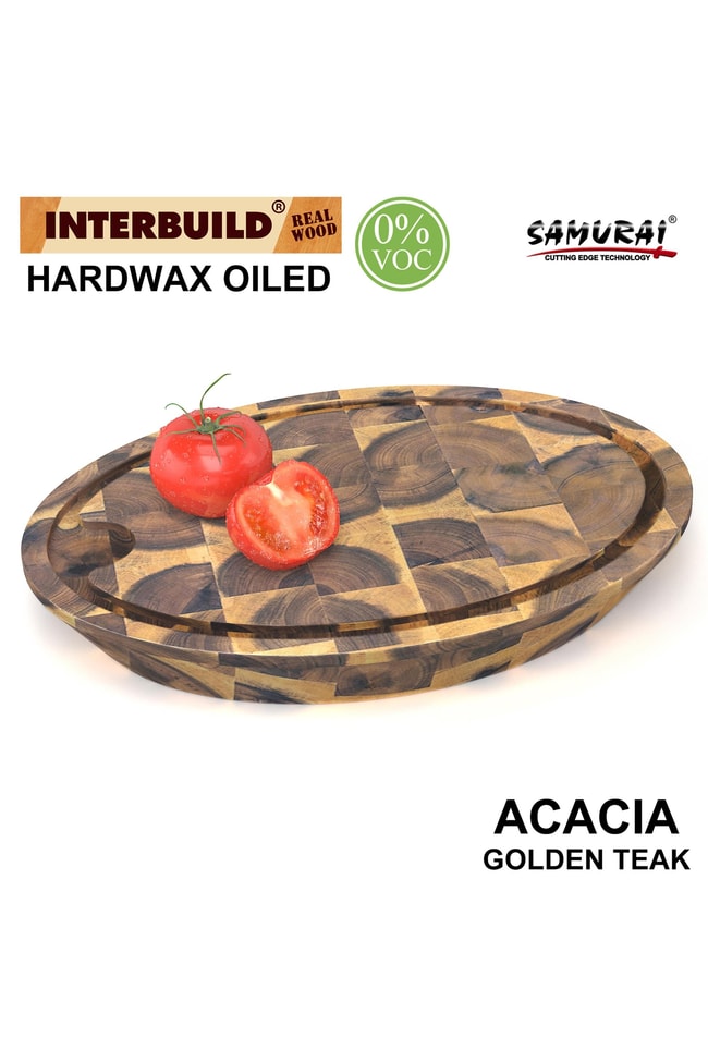 Samurai Interbuild Masif Akasya End Grain Oval Kesme Tahtası 39x29x5,8 cm Altın Tik 672162