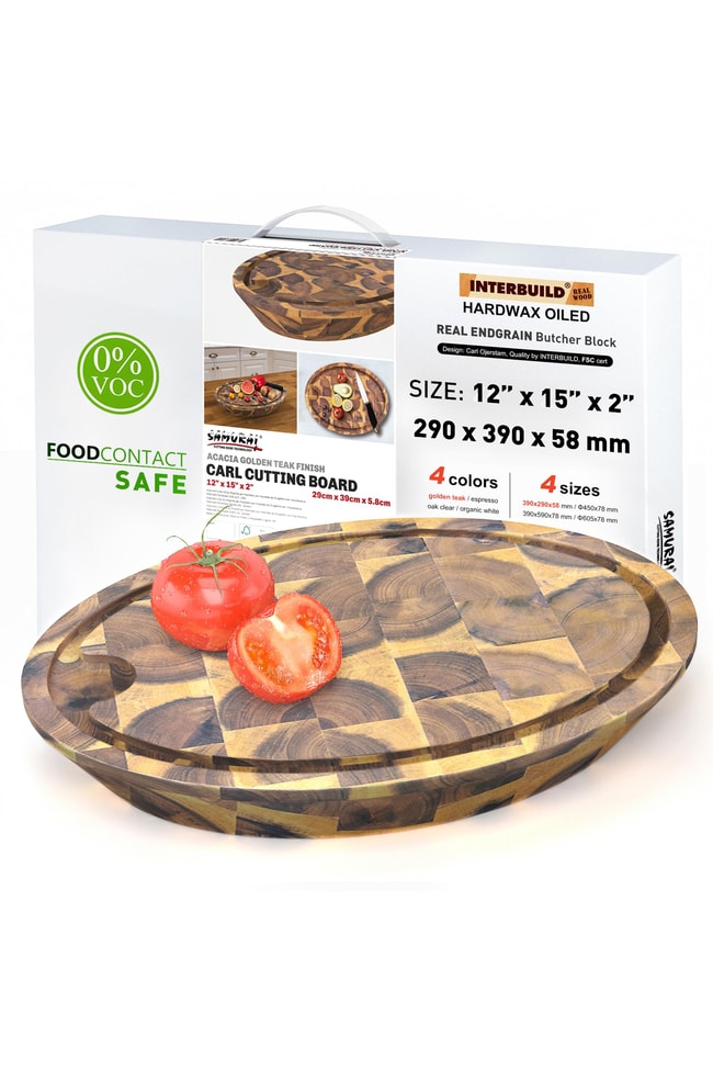 Samurai Interbuild Masif Akasya End Grain Oval Kesme Tahtası 39x29x5,8 cm Altın Tik 672162