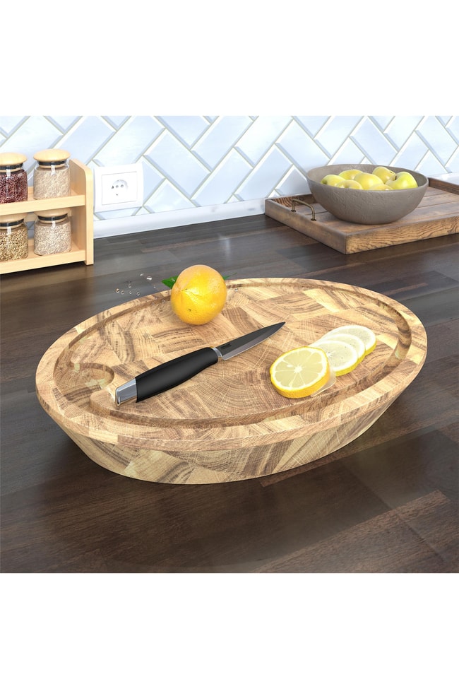 Samurai Interbuild Masif Meşe End Grain Oval Kesme Tahtası 29x39x5,8 cm Organik Naturel Meşe,Şeffaf 672452