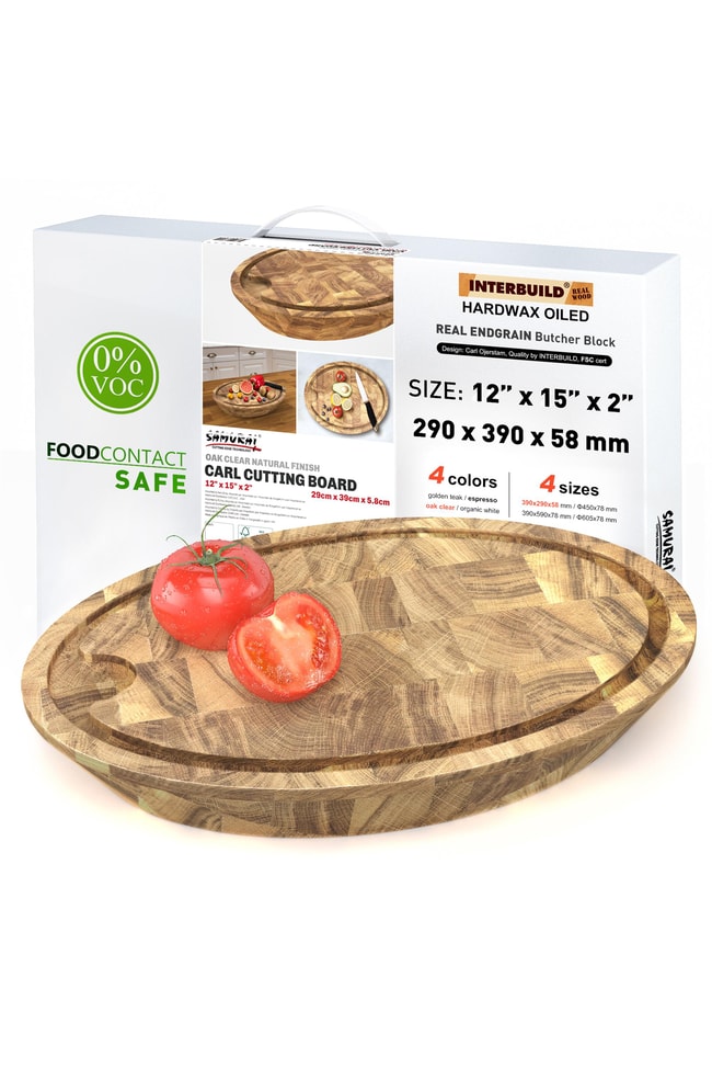 Samurai Interbuild Masif Meşe End Grain Oval Kesme Tahtası 29x39x5,8 cm Organik Naturel Meşe,Şeffaf 672452