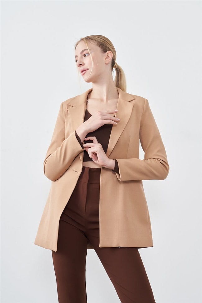 Sateen 166-6005 Camel Kadın Krep Leopar Detaylı Ceket