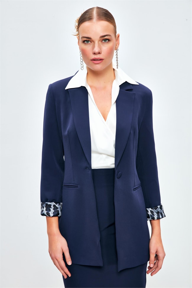 Sateen 166-6005 Lacivert Kadın Leopar Detaylı Ceket