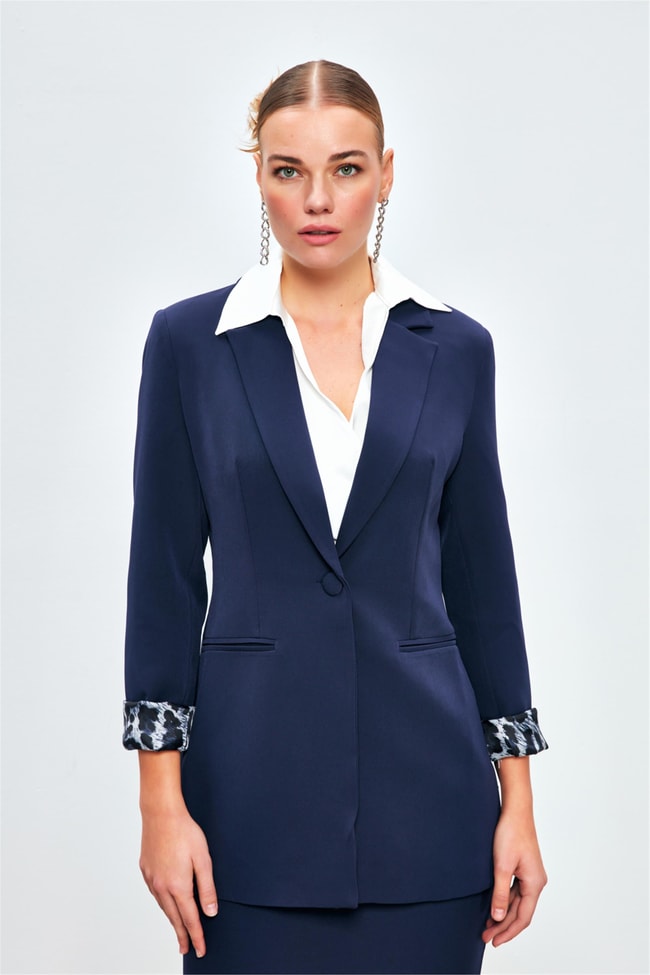 Sateen 166-6005 Lacivert Kadın Leopar Detaylı Ceket