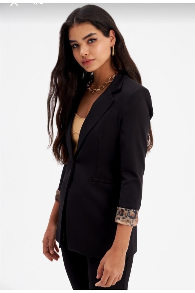 Sateen 166-6005 Siyah Kadın Leopar Detaylı Ceket