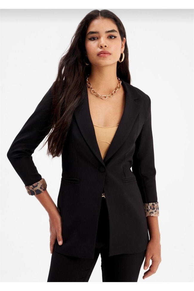 Sateen 166-6005 Siyah Kadın Leopar Detaylı Ceket