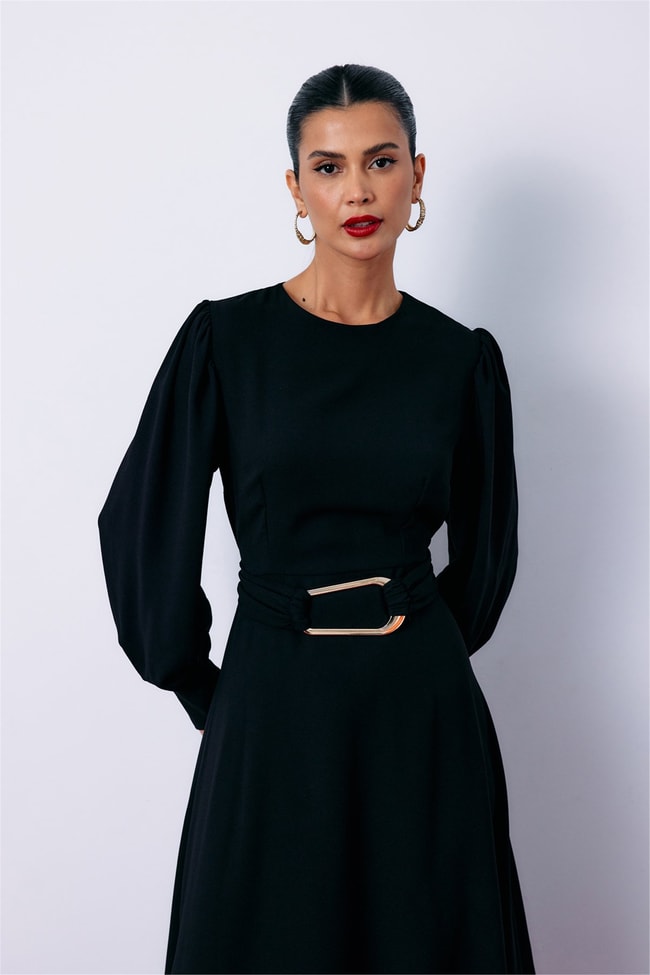 Sateen Y26 1553-3500 Kemeri Metal Tokalı Elbise Siyah